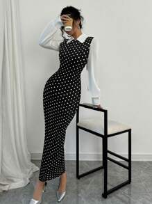 Rafferiza Đầm dài tay cổ sơ mi họa tiết răng sói phối màu thanh lịch & vừa vặn dành cho nữ, mùa thu/đông - màu đen - Xem 4