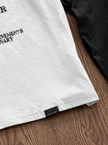 Manfinity Unisex 男士英文文字印花拼接宽松休闲日常针织长袖 T 恤 - 黑與白 - 查看 4