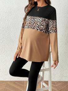 SHEIN 2pcs/Set Pregnant Women Heart & Leopard Print Round Neck Long Sleeve T-Shirt And Adjustable Waist Casual Pants