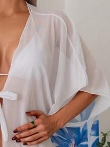 女士花卉印花网眼和服上衣夏季