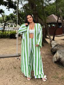 SHEIN SXY Plus Size Women's Early Spring Loose Green Striped Long Coat And Trousers Two-Piece Set,Suitable For Daily Wear, Vacation, Seaside, Beach Party, Date Night, Birthday, Bachelorette Party Outfit Party, Dance, Couple Date, Elegant, Casual, Shopping, Street Wear, Outdoor, Flirty, Easy To Match And Looks Slim, Highlight Your Figure, Highlight Your Body - Multicolor - View 7