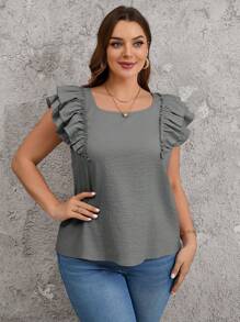 SHEIN Clasi Square Neck Double Layer Fluted Sleeve Blouse With Bow Decor On Back - Grey - View 3