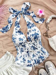 Soleia Women's Vacation Romantic Floral Print Halter Tie Back Bow-Knot Front Ruched Ruffle Hem Blouse,New Years ,Women Top,Summer Women Top,New Years Eve ,Western Women ,Party Women ,Christmas Women Top,Festival ,Holiday Top,Going Out - Multicolor - View 2