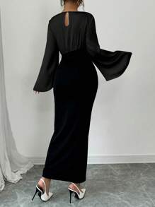 Elenzga Loose Round Neck Flared Long Sleeve Two-Tone Patchwork Elegant Black Dress - Black - View 2