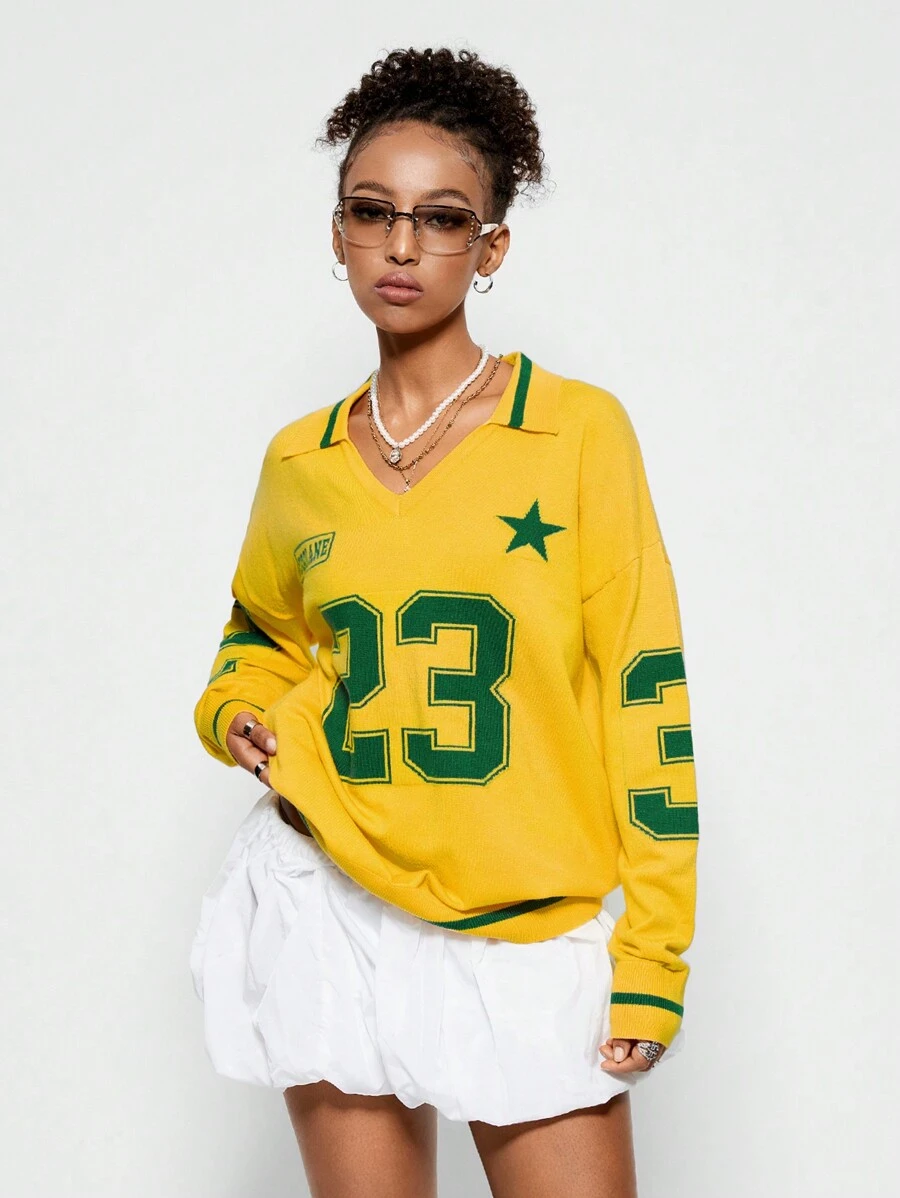 Muchica Women's Number Game Day Graphic Polo Jersey Sweater - Yellow - View 1