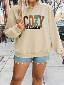 SHEIN LUNE 女式字母印花休闲简约图案宽松厚圆领长袖连帽运动衫，冬季