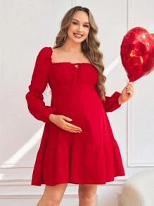 SHEIN A 字低圆领泡泡袖荷叶边下摆连衣裙