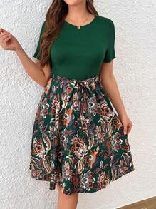 Vestido corto casual de talla grande para mujer, con estampado de parches, paisley y flores en verde, con cintura anudada, entallado y de línea A, para primavera/verano, uso diario, oficina y vacaciones - Multicolor - Ver 6