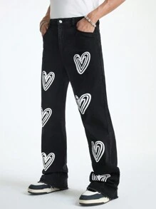 Manfinity EMRG Quần ống loe in hình trái tim denim đen cho nam, StreetEZ - màu đen - Xem 3