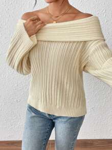 Chiquease Off Shoulder Flared Sleeve Solid Color Sweater, Casual Autumn/Winter Knit Pullover Fall Sweater - Beige - View 3