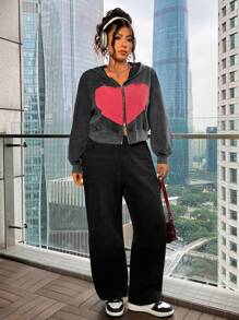 SHEIN EZwear Sudadera de talla grande con diseño de corazón rojo lavado, para primavera/Día de San Valentín - Multicolor - Ver 5