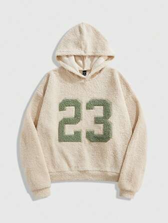 Prep Sudadera con capucha casual de manga larga con detalle gráfico numérico esponjoso para hombre