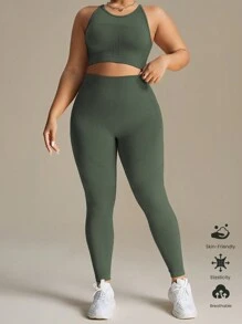 SHEIN Rhythm Era Women Plus Size Solid Color Spaghetti Strap Simple Top And Long Pants Seamless Set Workout Women Set