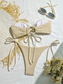 2pcs/Set Women Metallic Material Bandeau Top And Side Tie Swimwear Bottoms Bikini Set, Beach Outfit Summer