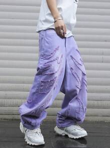 Manfinity EMRG Quần jean ống rộng ống rộng, dáng suông, viền tua rua, phong cách Emo dành cho nam - Màu tím hoa cà - Xem 4