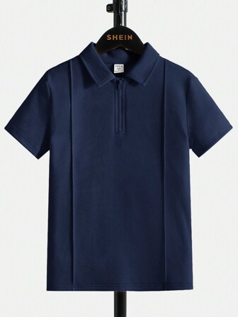 SHEIN Tween Boy Plus Size Effen Kleur Voorkant Rits Korte Mouw Casual Polo Shirt
