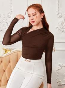 SHEIN Leap Crew Teen Girl Ruched Knit Mesh Long Sleeve T-Shirt - Brown - View 5