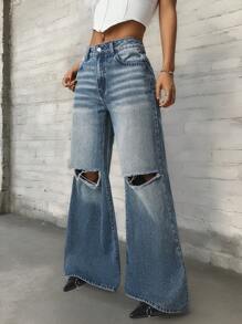 SHEIN ICON Women's Loose High-Waisted Ripped Pocket Denim Wide Leg Jeans Holiday Outfits - Blue - View 1