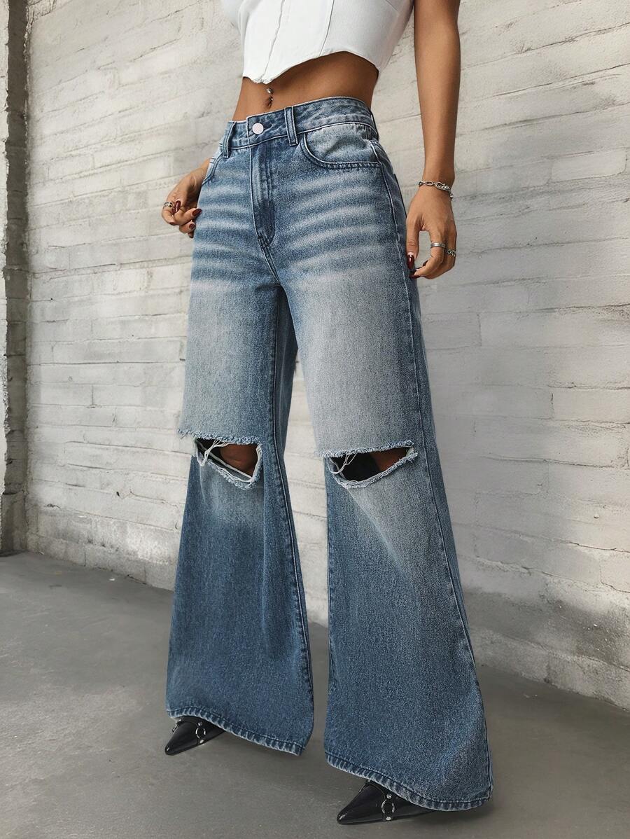 SHEIN ICON Women's Loose High-Waisted Ripped Pocket Denim Wide Leg Jeans Holiday Outfits - Blue - View 1