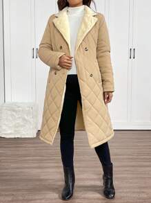 SHEIN Maternity Winter Warm Flannel Coat, Button-Up Pregnancy Outerwear - Apricot - View 3