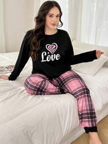 Slumberry CURVE Bộ đồ ngủ tay dài họa tiết trái tim và chữ cỡ lớn kèm quần kẻ caro, trang phục ấm cúng và thanh lịch, quần áo thu đông - Nhiều màu - Xem 4