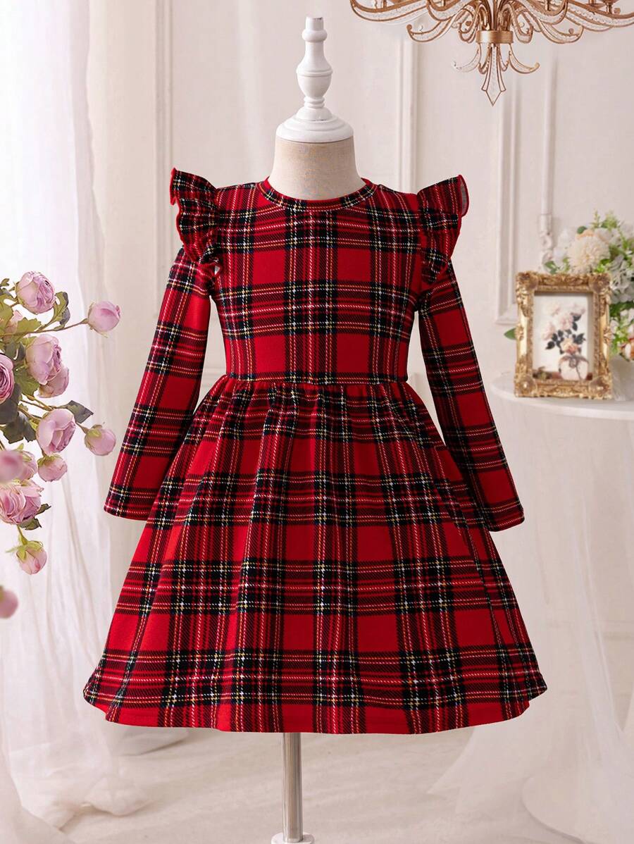 SHEIN 小女孩和妈妈一起穿的秋季格子针织荷叶袖休闲圣诞连衣裙 - 紅色 - 查看 1