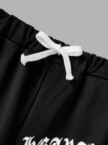 SHEIN Bộ quần áo nỉ trùm đầu và quần dài hai mảnh phong cách Goth Grunge màu đen cho bé gái tuổi teen mùa thu/đông có họa tiết in cho lễ Halloween - Đen và trắng - Xem 6