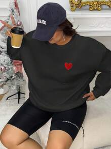 INAWLY Plus Heart Print Drop Shoulder Sweatshirt, For Winter - Black - View 6
