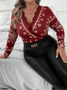 SHEIN Clasi Plus Size Women Print Lace Trim Crew Neck Long Sleeve T-Shirt, Autumn/Winter - Burgundy - View 3