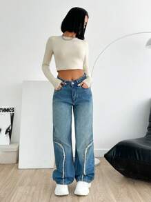 EURMUSE 女式宽松口袋拼布流苏下摆阔腿休闲牛仔裤 - 中等水洗藍 - 查看 3