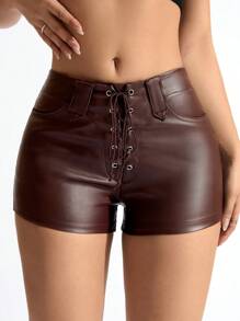 SHEIN Privé Women's Solid Color Drawstring Pocket Simple Casual Shorts, Daily Wear