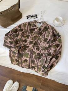 SHEIN EZwear Women's Street Style Tree Branch Patterned Turndown Collar Loose Long Sleeve Shirt Jacket - Green - View 5