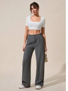 Tall Women's Striped Fold Over Pleated Wide Leg Pants