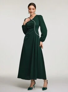 Modelyn Women's V-Neck Lantern Sleeve Pleated Elegant Arabian Modest Long Sleeve Dress Long Evening Dresses