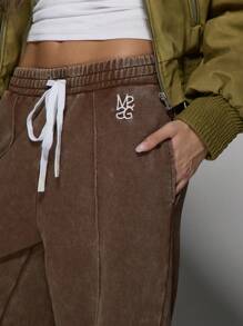 MISSGUIDED 舒适运动阔腿运动裤活力休闲裤羊毛慢跑裤带抽绳口袋秋冬运动裤 - 咖啡棕 - 查看 3