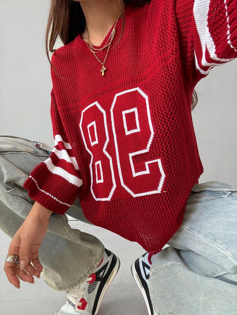 Coolane Jersey oversize de punto con rayas y estampado de números de manga 3/4 como cubridor, para primavera/verano, para el Día de San Valentín/Nochevieja