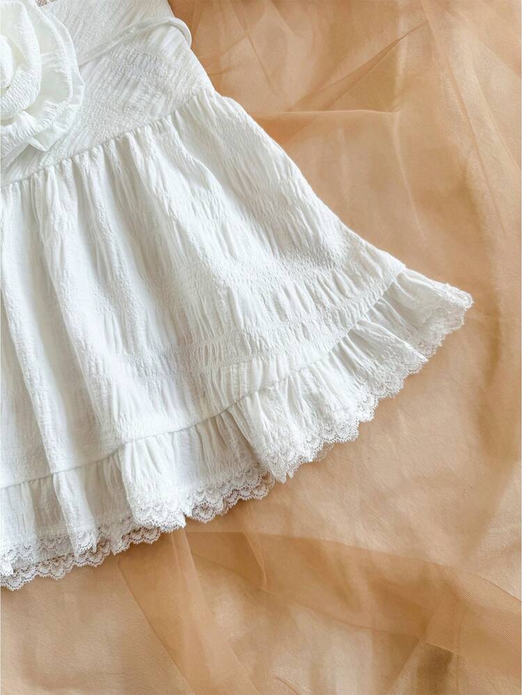 Romantic Vacation Lace Contrast Ruffle Hem A-Line Women Mini Skirt, Suitable For Afternoon Tea, Valentine's Date