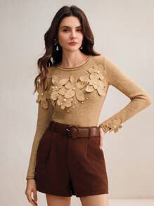 Anewsta 手工钩编串珠优雅修身卡其色女士毛衣，新年女士针织套头衫秋冬款