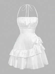 SHEIN Robe mi-longue ajustée décontractée simple et confortable pour préadolescentes, avec volants à la taille, sans manches, blanche. Robe de demoiselle d'honneur - Blanc - View 4