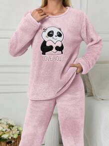 SHEIN Cottnline 2Pcs Pelush Panda Embroidery Detail PJ Set - Baby Pink - View 6