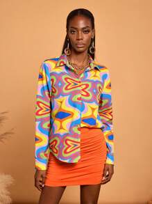 Abeille Creations Designer Boho Bohemian Women's Business Casual Vacation Multicolor Geometric Print Long Sleeve Shirt, For Going Out, Spring & Summer, Beach, Festival, Ibiza Fits, Office - Multicolor - View 6