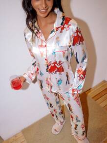 SweetSlumber Elegante conjunto de pijama de mujer con estampado de baile en satén