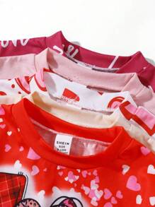 5pcs/Set Baby Girls Casual Heart & Love Letter Graphic Round Neck Short Sleeve T-Shirts, For Daily, Valentine's Day - Multicolor - View 4