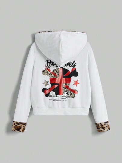 Fairycore Sweat-shirt à capuche femme Harajuku Patchwork Léopard Y2K, Automne/Hiver