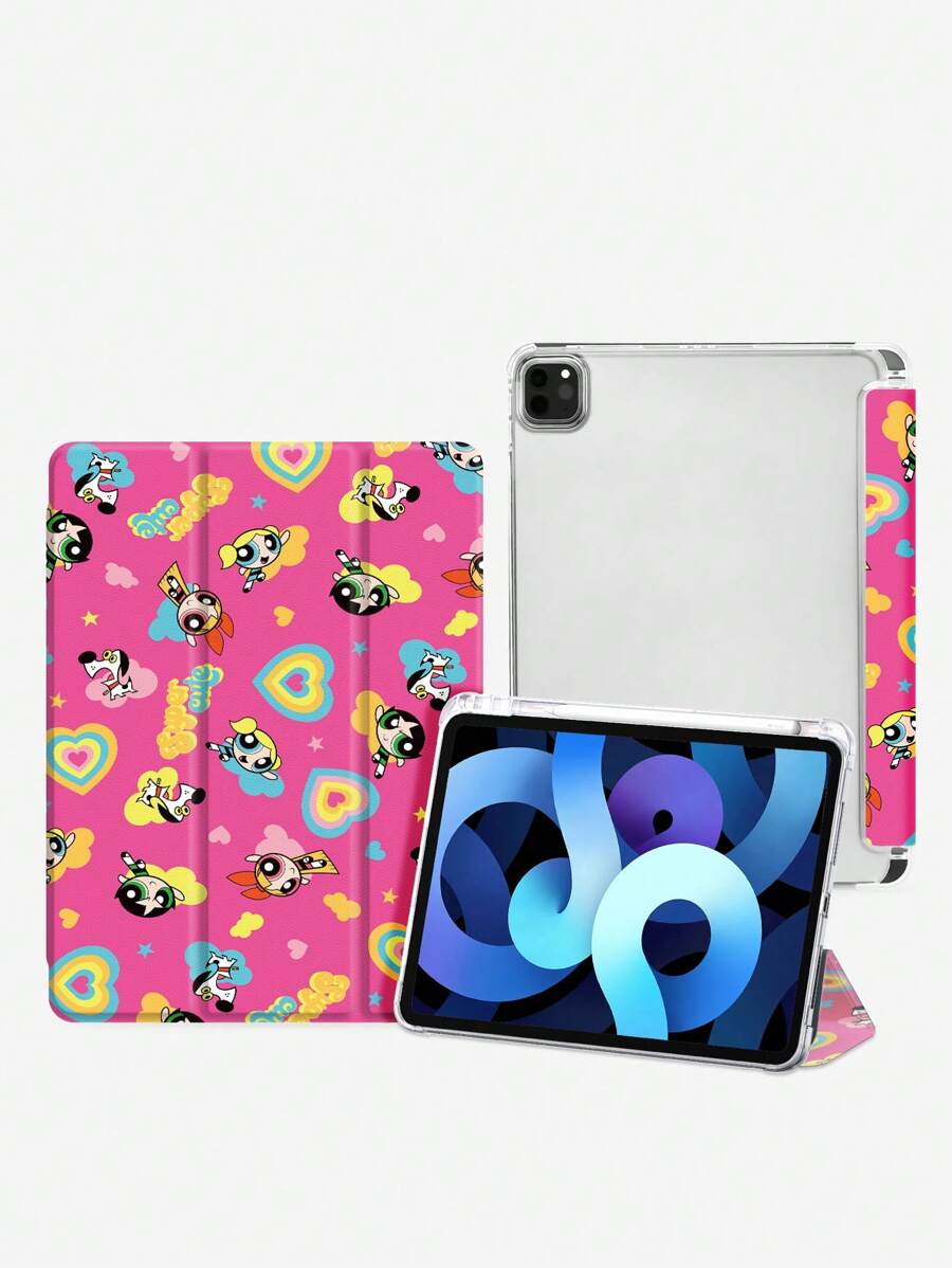 THE POWERPUFF GIRLS X SHEIN 卡通心形花朵、泡泡、毛茛图案保护壳适用于 iPad 10.2/10.5/10.9/11 英寸、平板电脑 A7 10.4、S7/S8 11 英寸、内置铅笔槽、睡眠/唤醒功能 - 彩色 - 查看 1