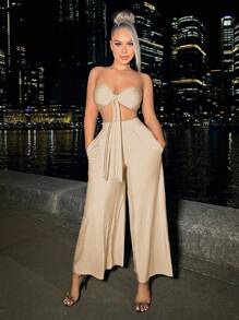 SHEIN SXY 2 件套时尚性感纯色短款抹胸和阔腿裤套装 - 杏色 - 查看 1