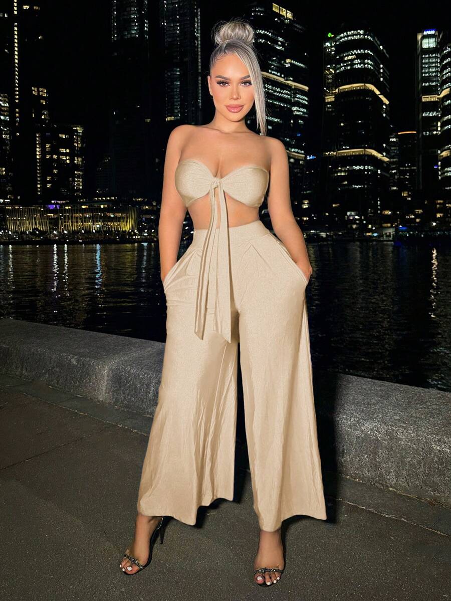 SHEIN SXY 2 件套时尚性感纯色短款抹胸和阔腿裤套装 - 杏色 - 查看 1