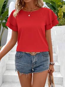 Breezaya 女士纯色圆领荷叶边袖宽松休闲衬衫 - 紅色 - 查看 6