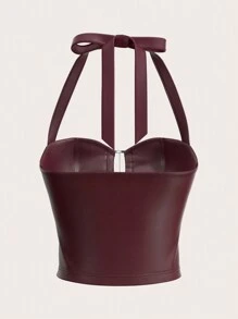 SHEIN ICON Fashionable Sexy Solid Color PU Leather Backless Halter Top