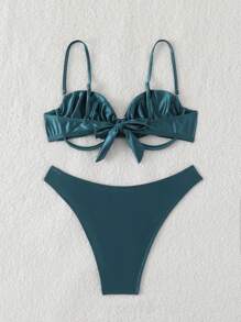 Swim SXY 新品 细肩带镂空钢圈露背性感亮绿色女士比基尼套装夏季 - 水鴨藍 - 查看 2